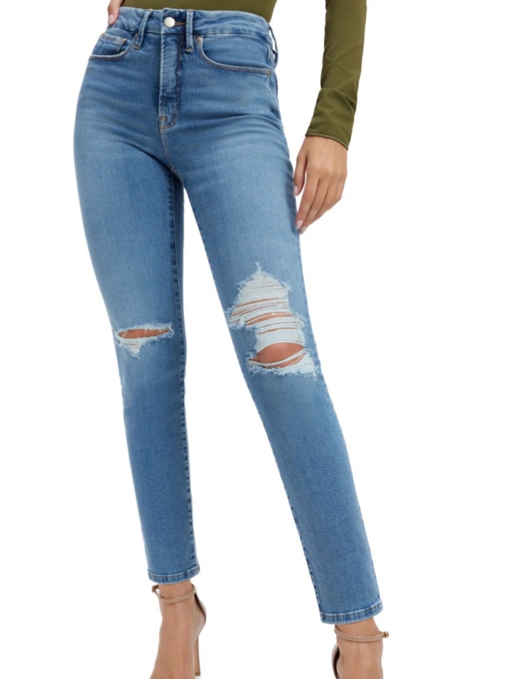 Good American Good Legs Ripped High Waist Cigarette (Indigo 227) Med Blue Jeans